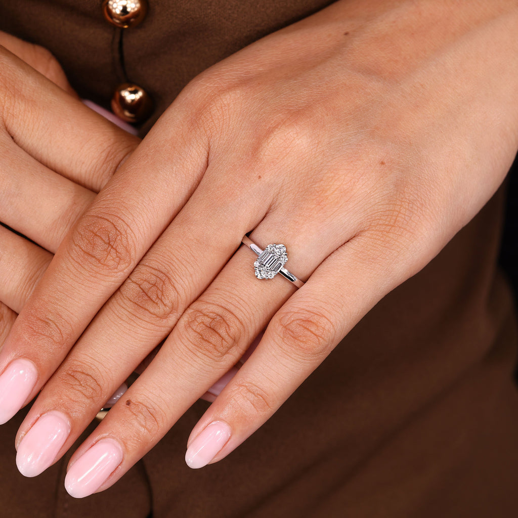 Baguette And Round Diamond Cluster Halo Engagement Ring