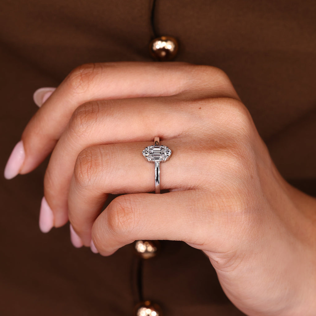 Baguette And Round Diamond Cluster Halo Engagement Ring