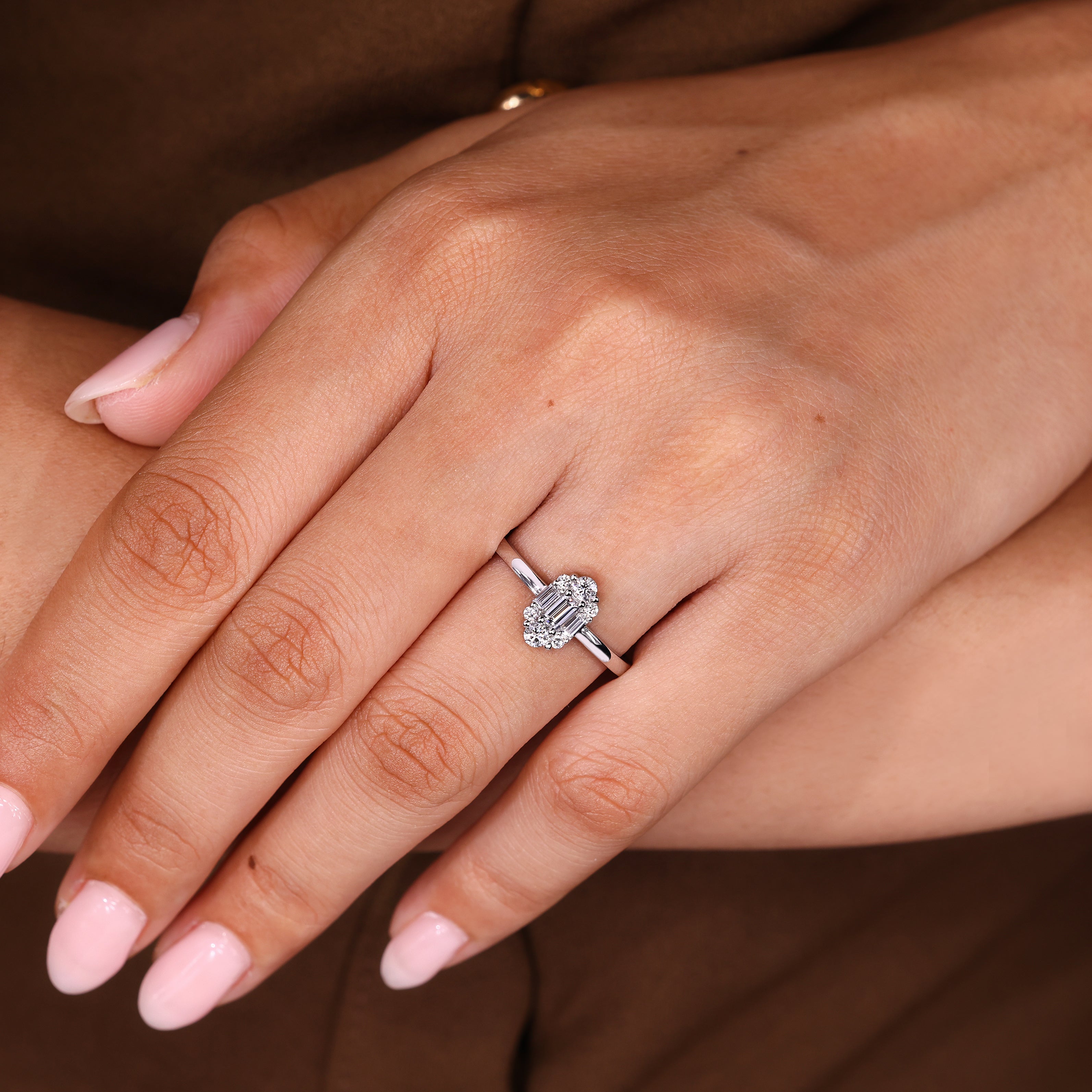 Baguette And Round Diamond Cluster Halo Engagement Ring