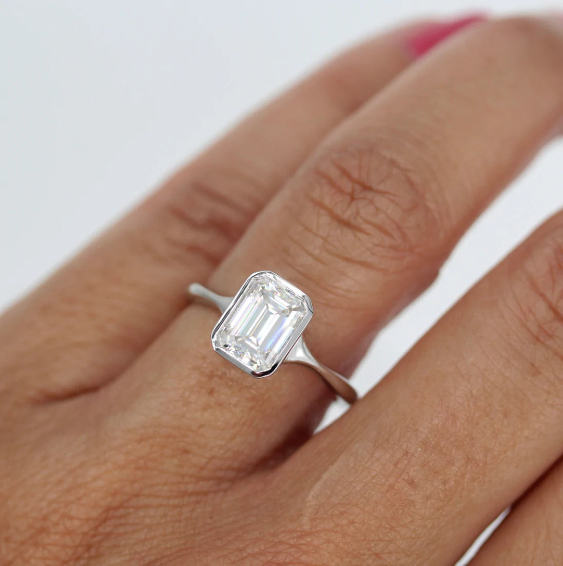 1.7 CT Emerald Cut Moissanite Bezel Solitaire Engagement Ring