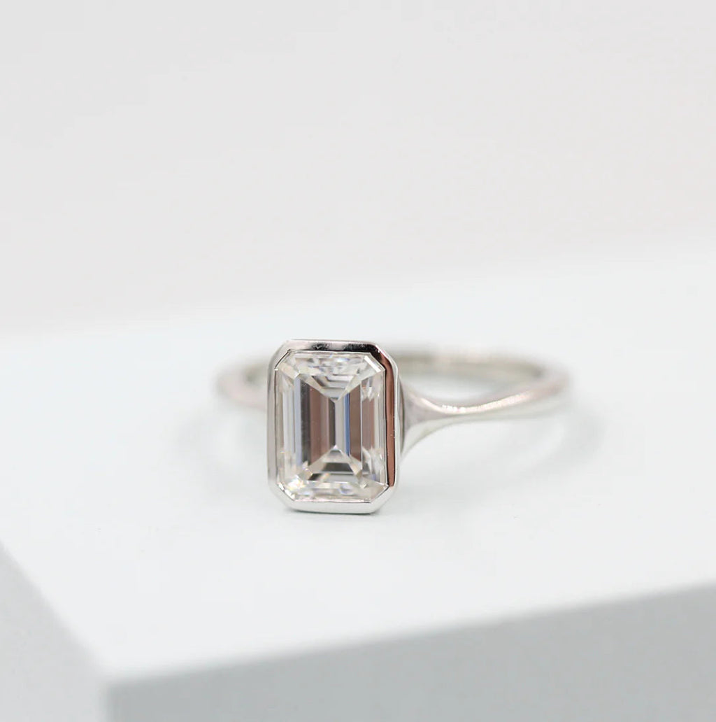 1.7 CT Emerald Cut Moissanite Bezel Solitaire Engagement Ring