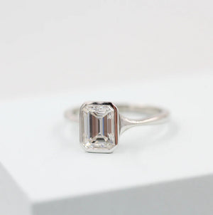 1.7 CT Emerald Cut Moissanite Bezel Solitaire Engagement Ring