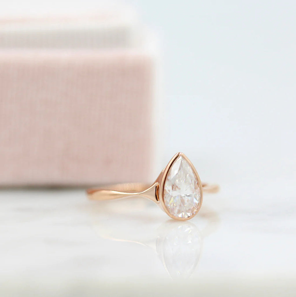 1.00 CT Pear Cut Moissanite Bezel Solitaire Engagement Ring
