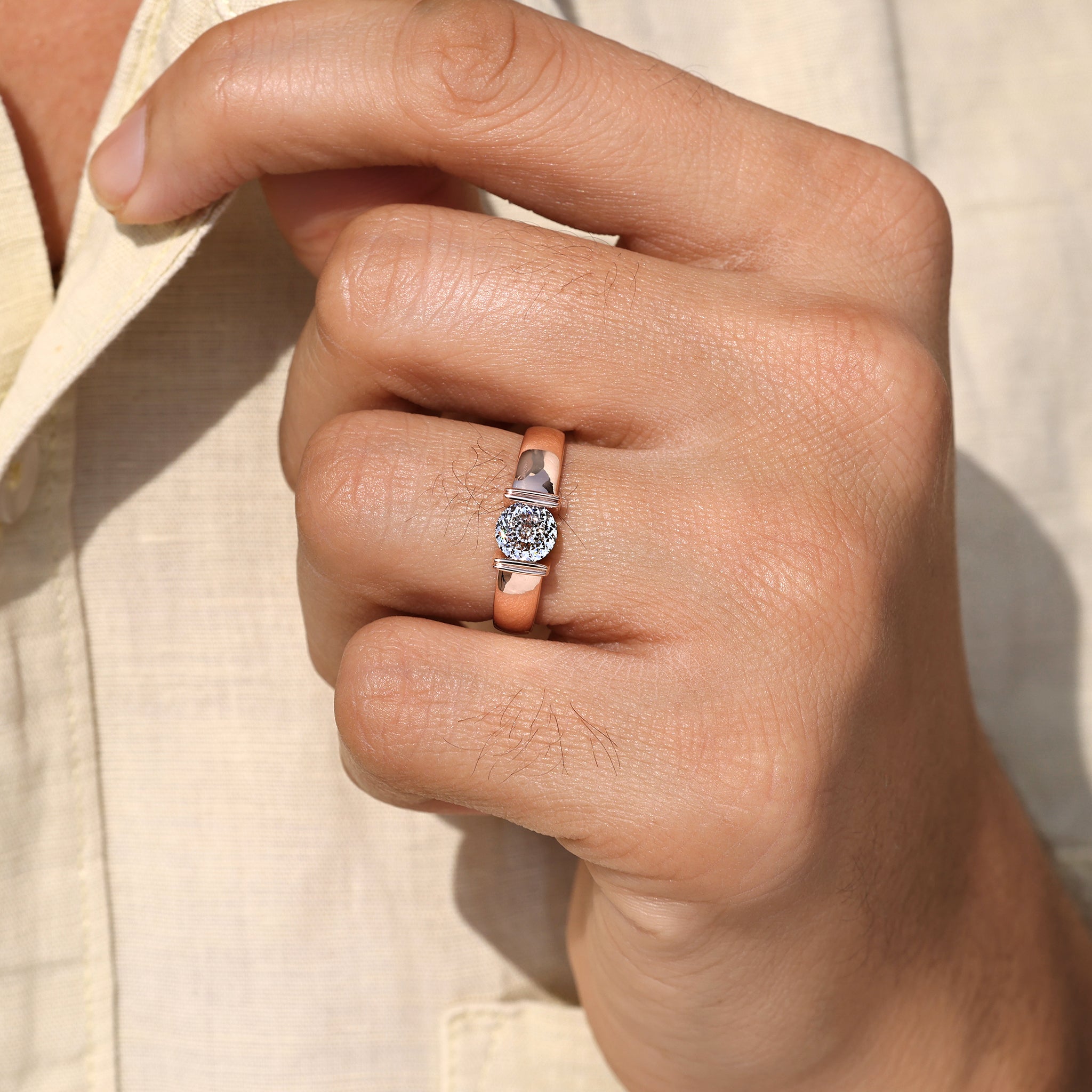 Tension Set Portuguese Cut Men's Solitaire Ring