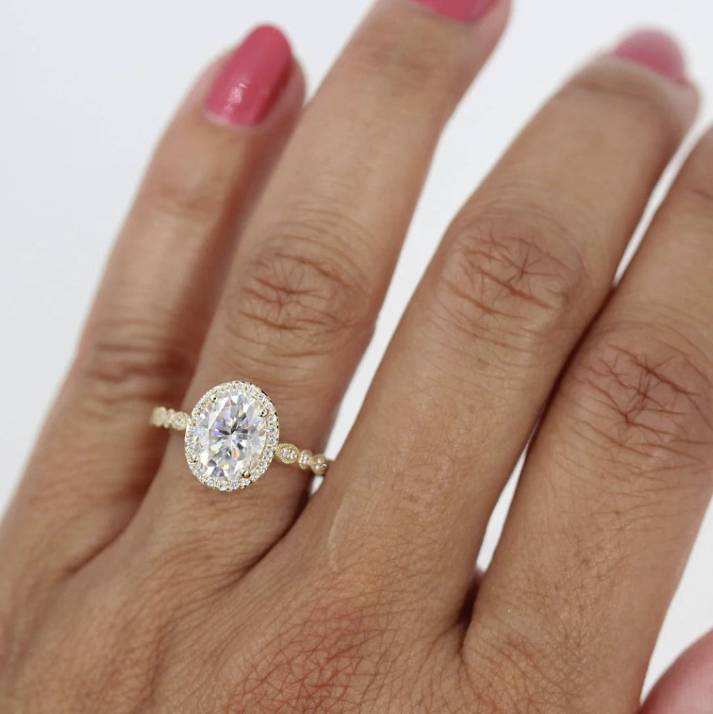 2.00 CT Oval Cut Moissanite Halo Pave Setting Engagement Ring