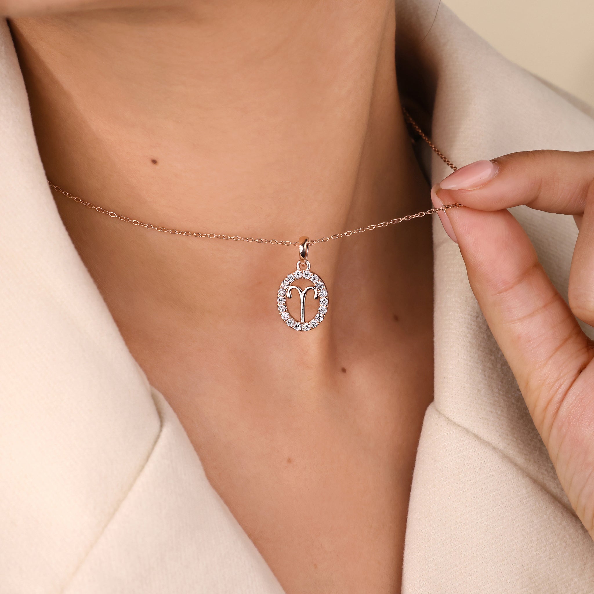 Rose Gold Aries Pendant In Halo Design