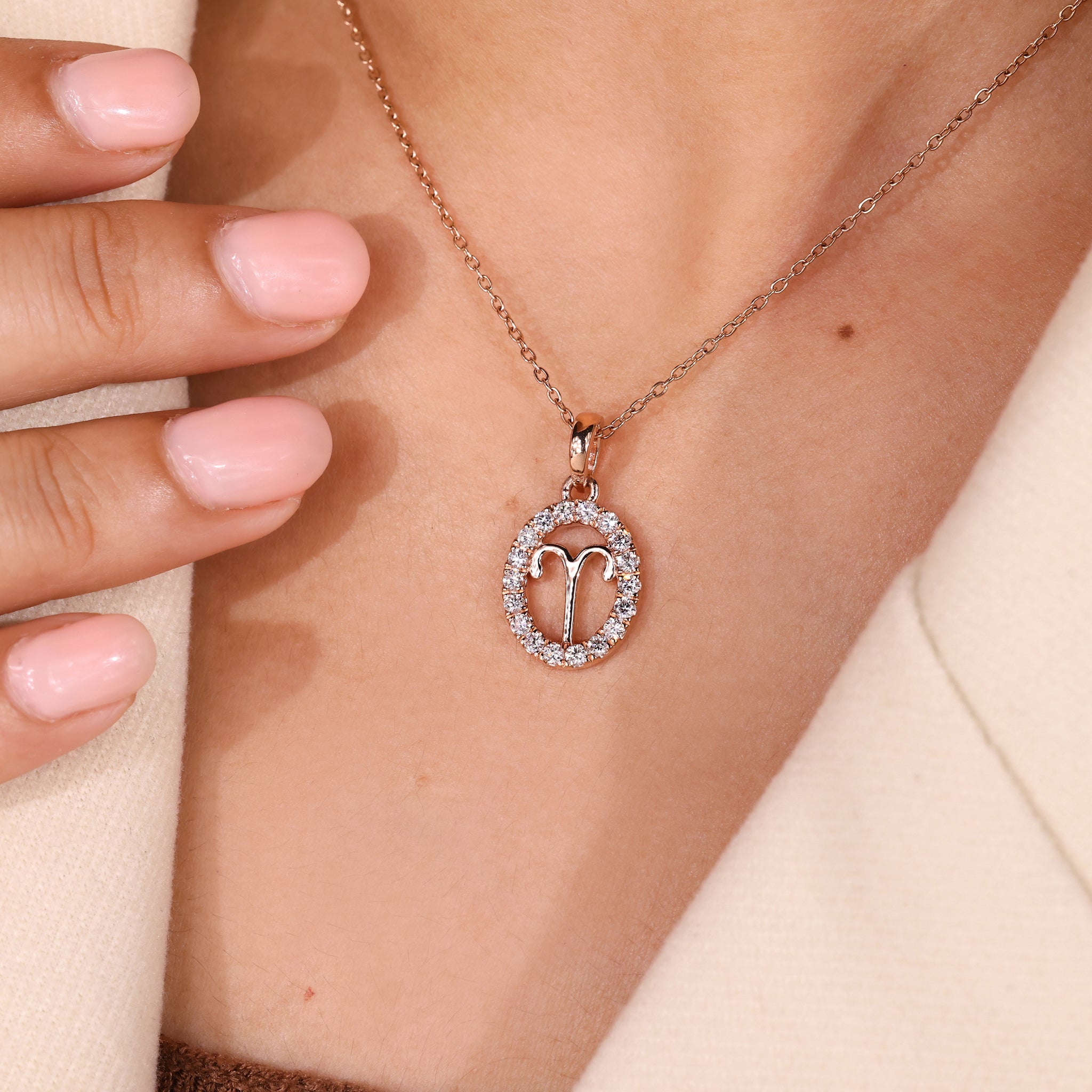 Rose Gold Aries Pendant In Halo Design