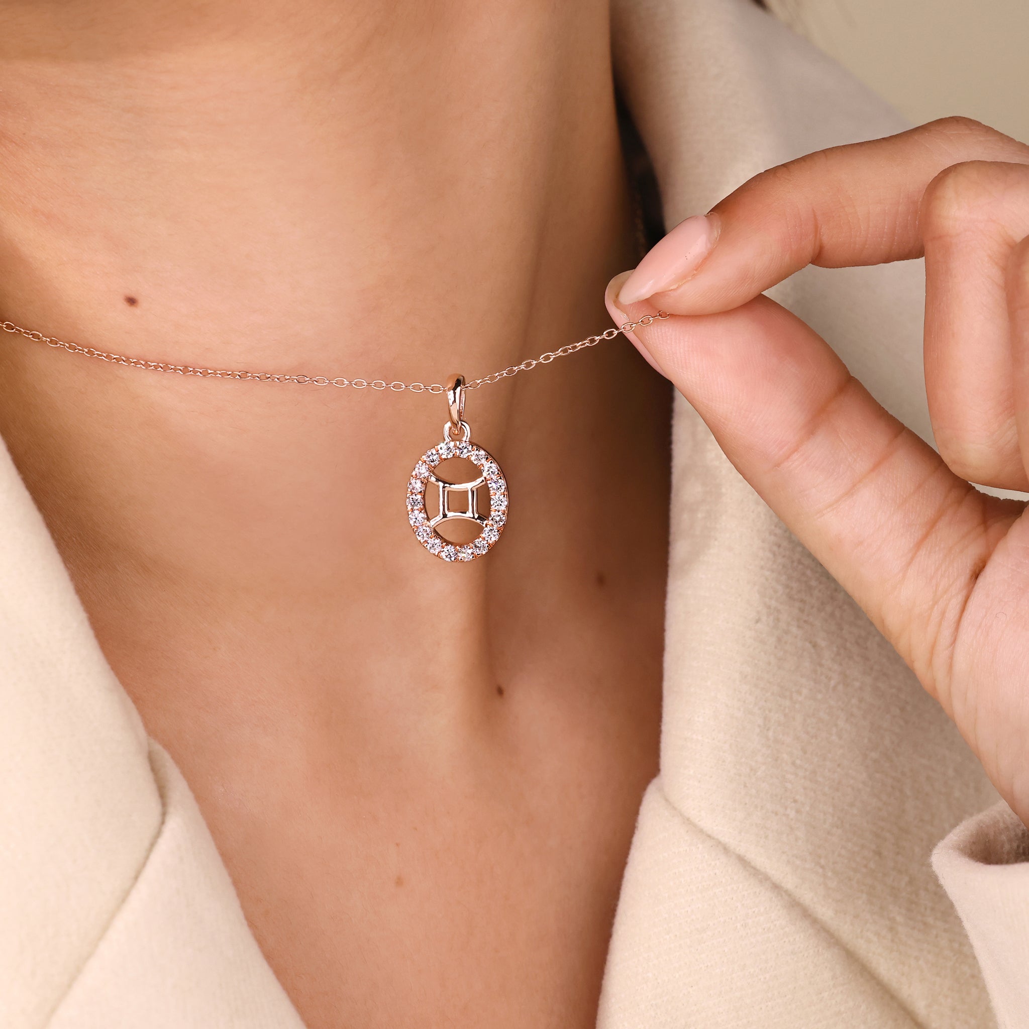 Rose Gold Gemini Pendant In Halo Setting