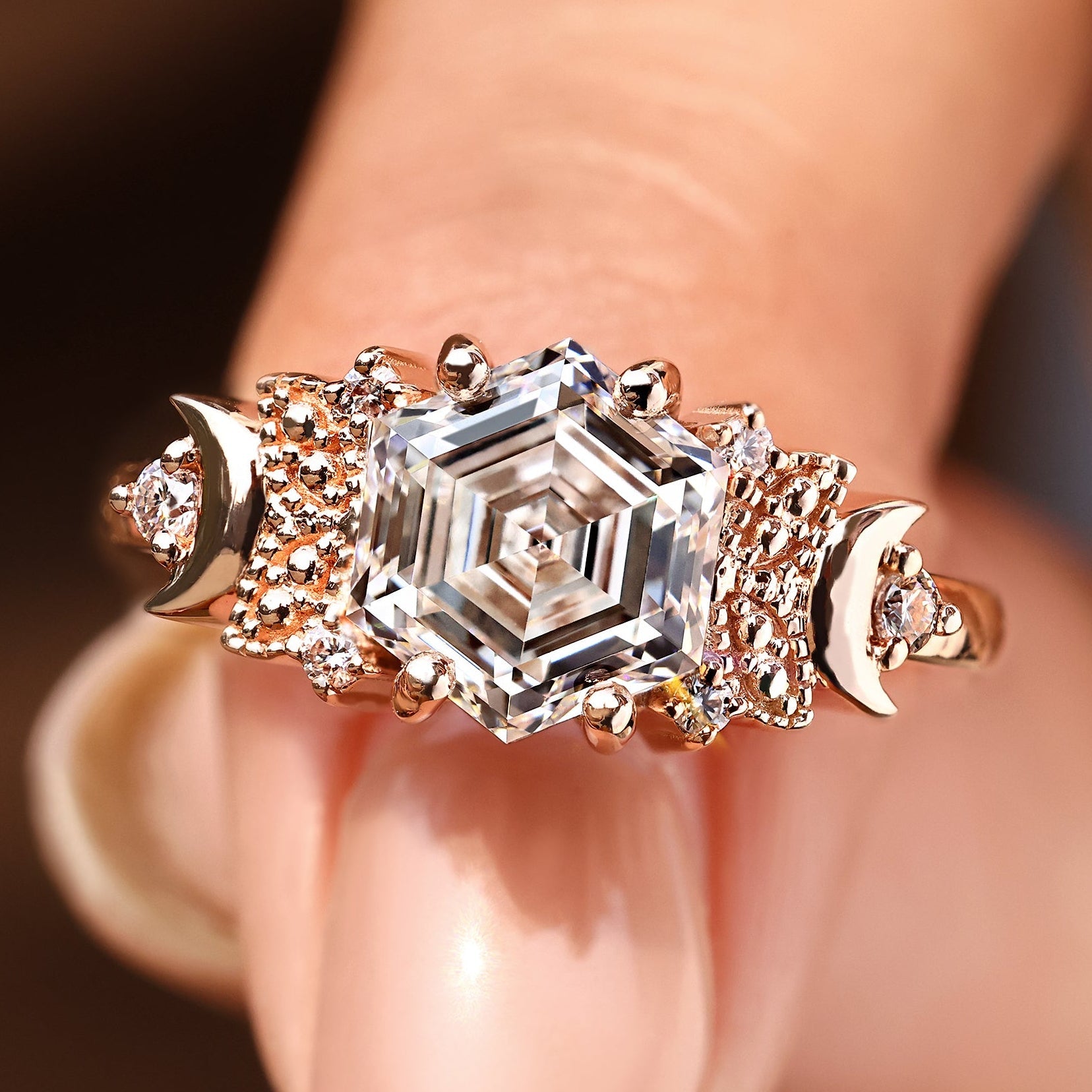 Hexagon Step Cut Vintage Diamond Engagement Ring