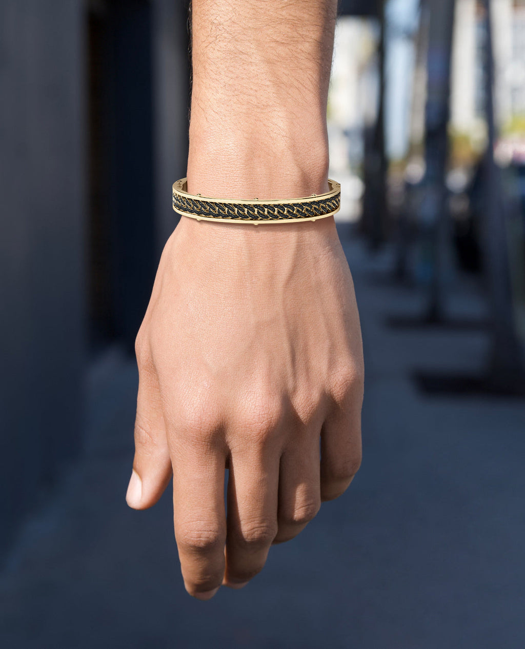 KENSINGTON Gold Cuban Link Bangle Bracelet with Black Diamonds - 9mm