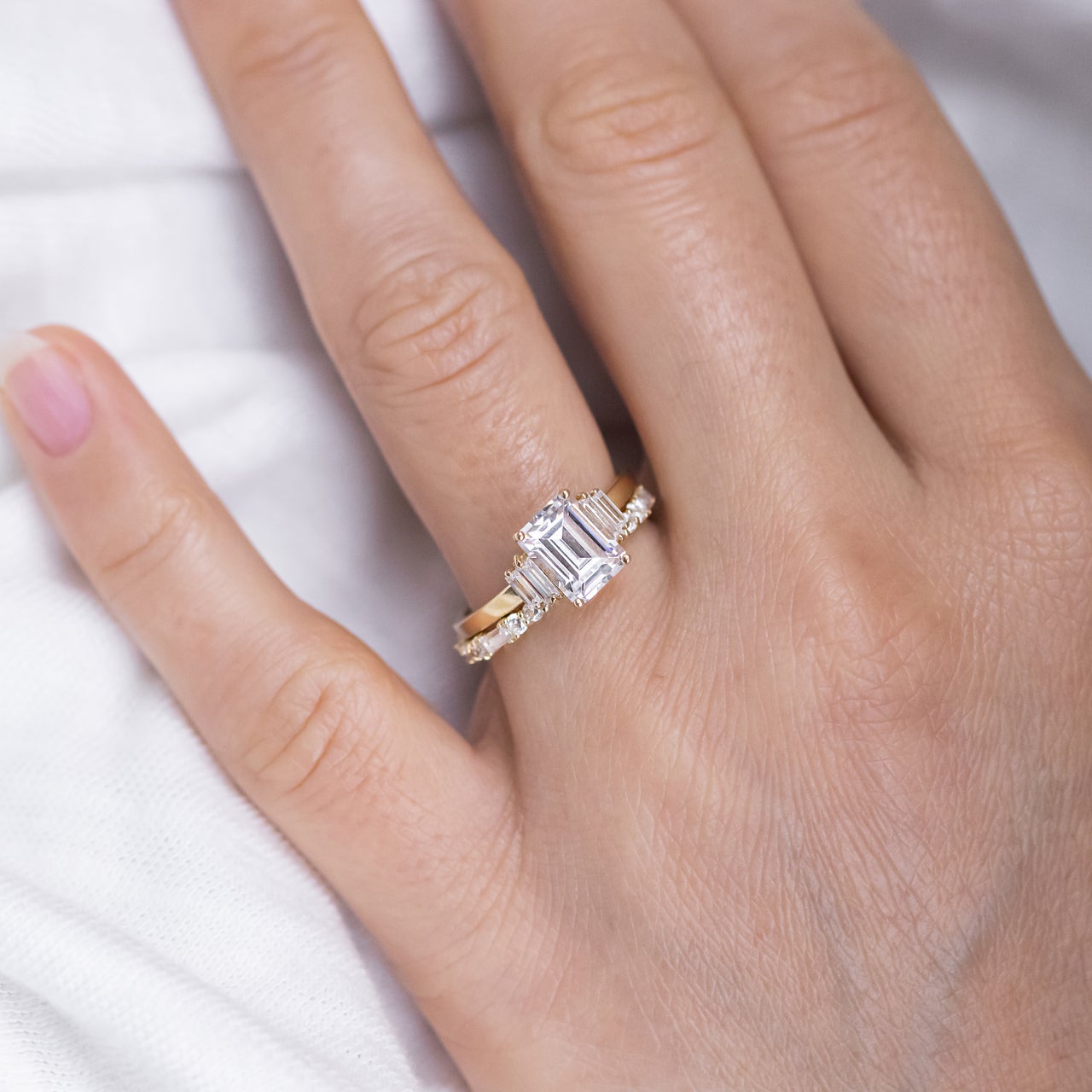 1.60 CT Emerald Cut Moissanite Three Stone Engagement Ring