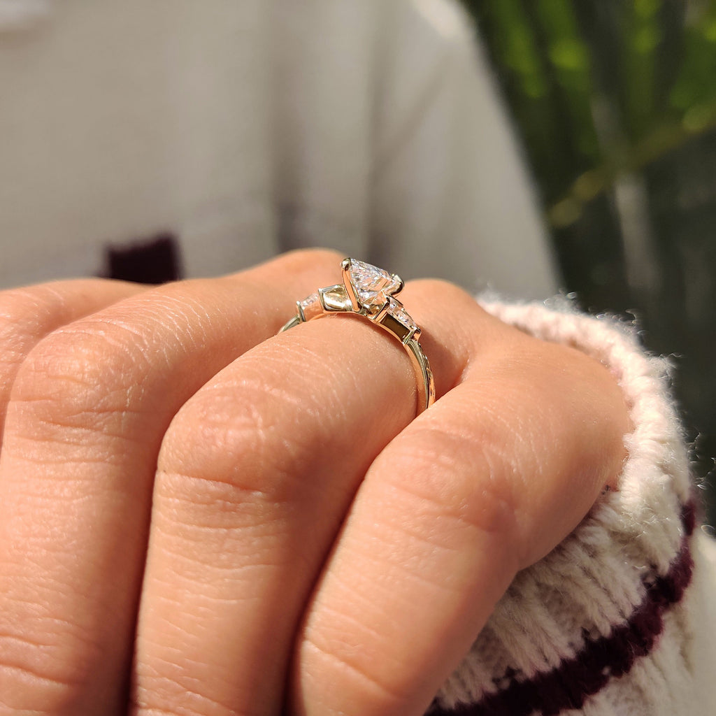 Pear and Kite Cut Three Diamond Ring with Art Deco Band