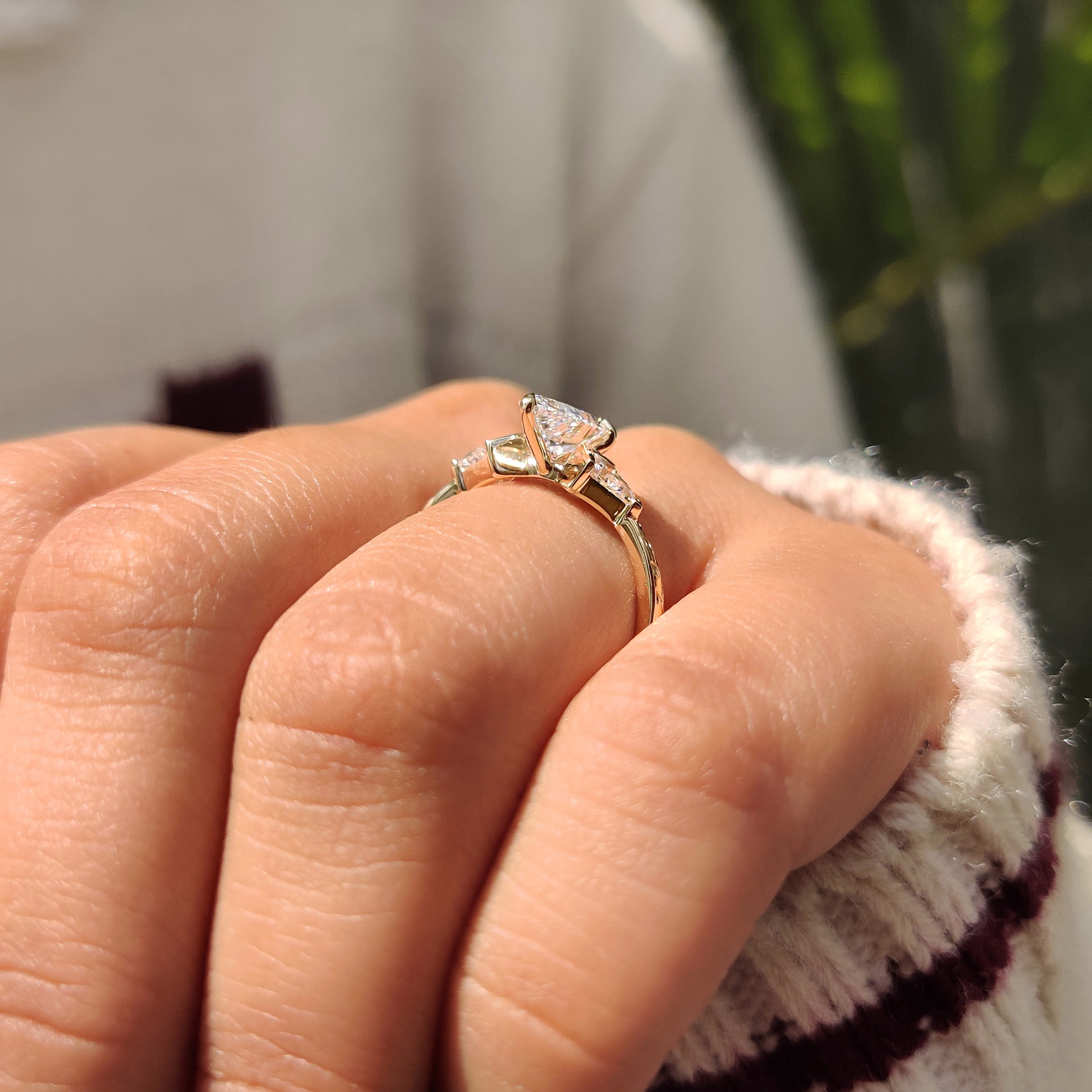 Pear and Kite Cut Three Diamond Ring with Art Deco Band