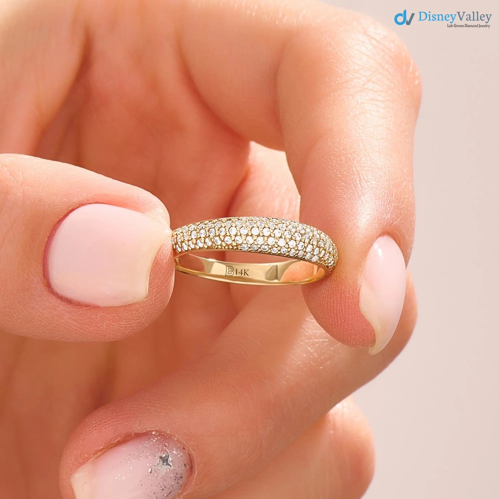 Lab Diamond Minimalist Dome Band Women Solid Gold Pave Marriage Ring DisneyValley