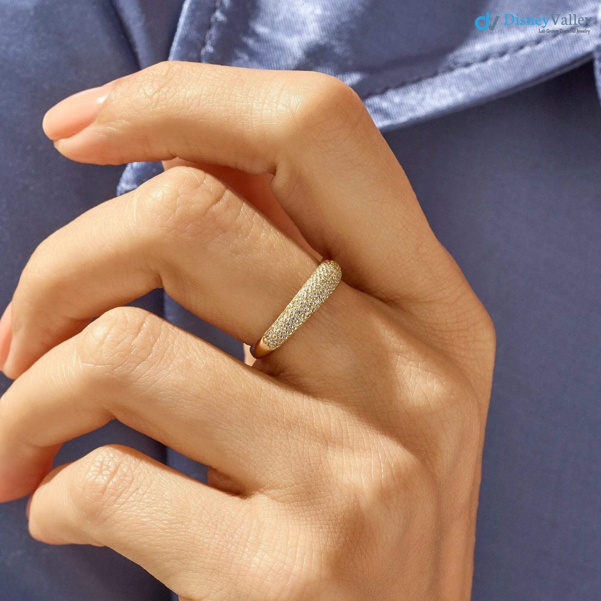Lab Diamond Minimalist Dome Band Women Solid Gold Pave Marriage Ring DisneyValley