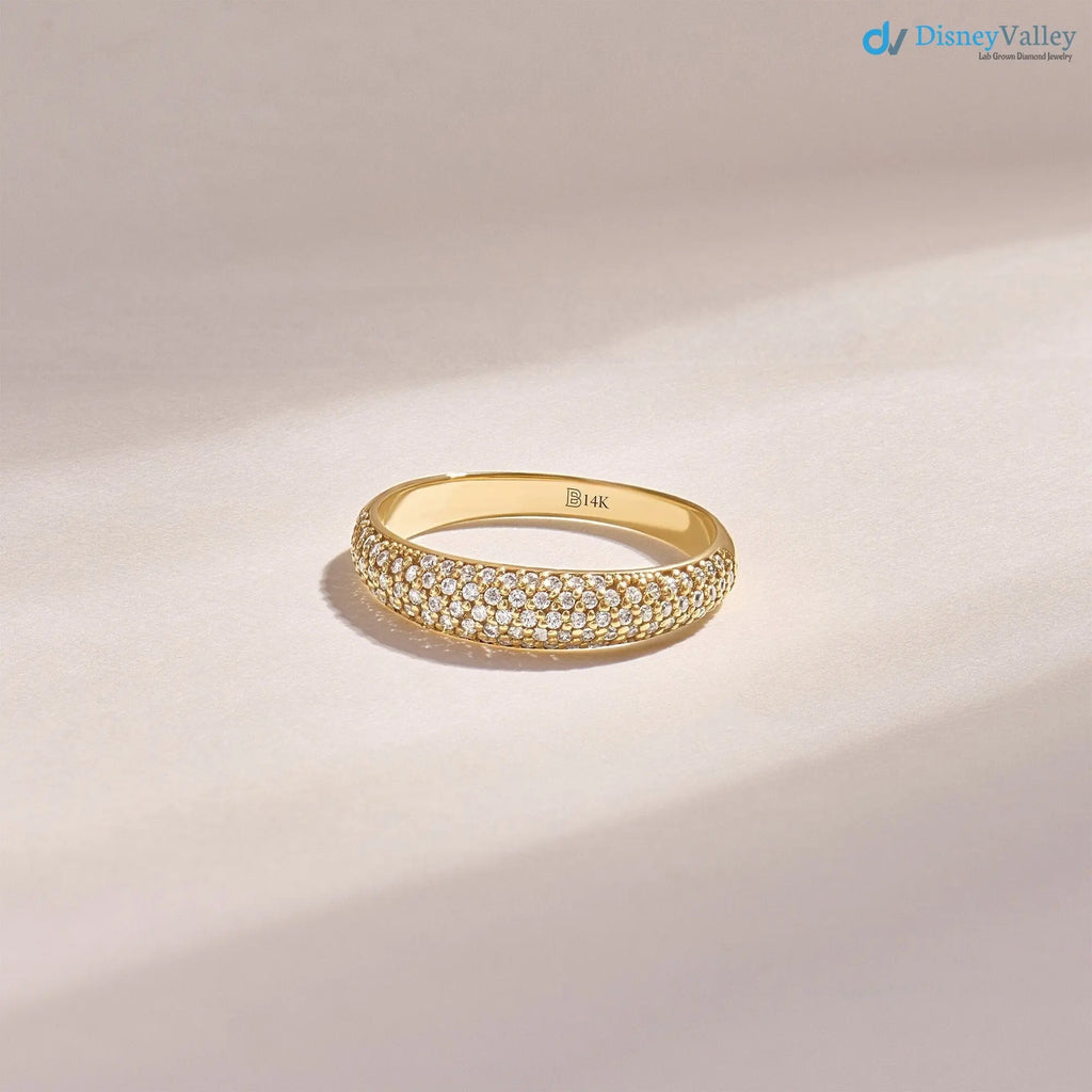 Lab Diamond Minimalist Dome Band Women Solid Gold Pave Marriage Ring DisneyValley