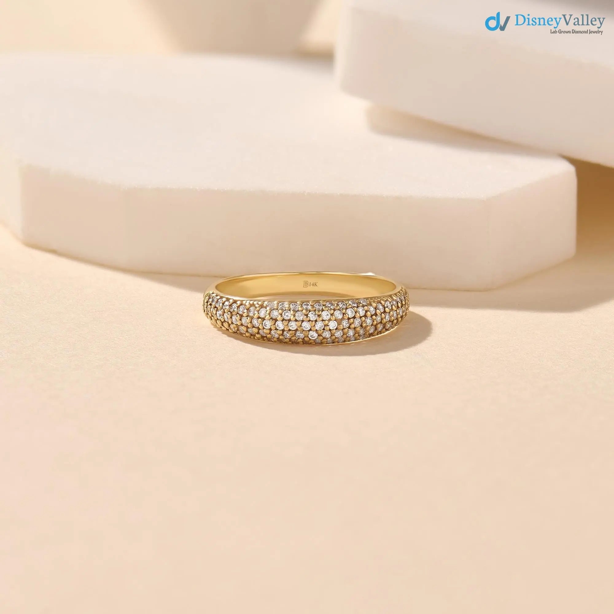 Lab Diamond Minimalist Dome Band Women Solid Gold Pave Marriage Ring DisneyValley