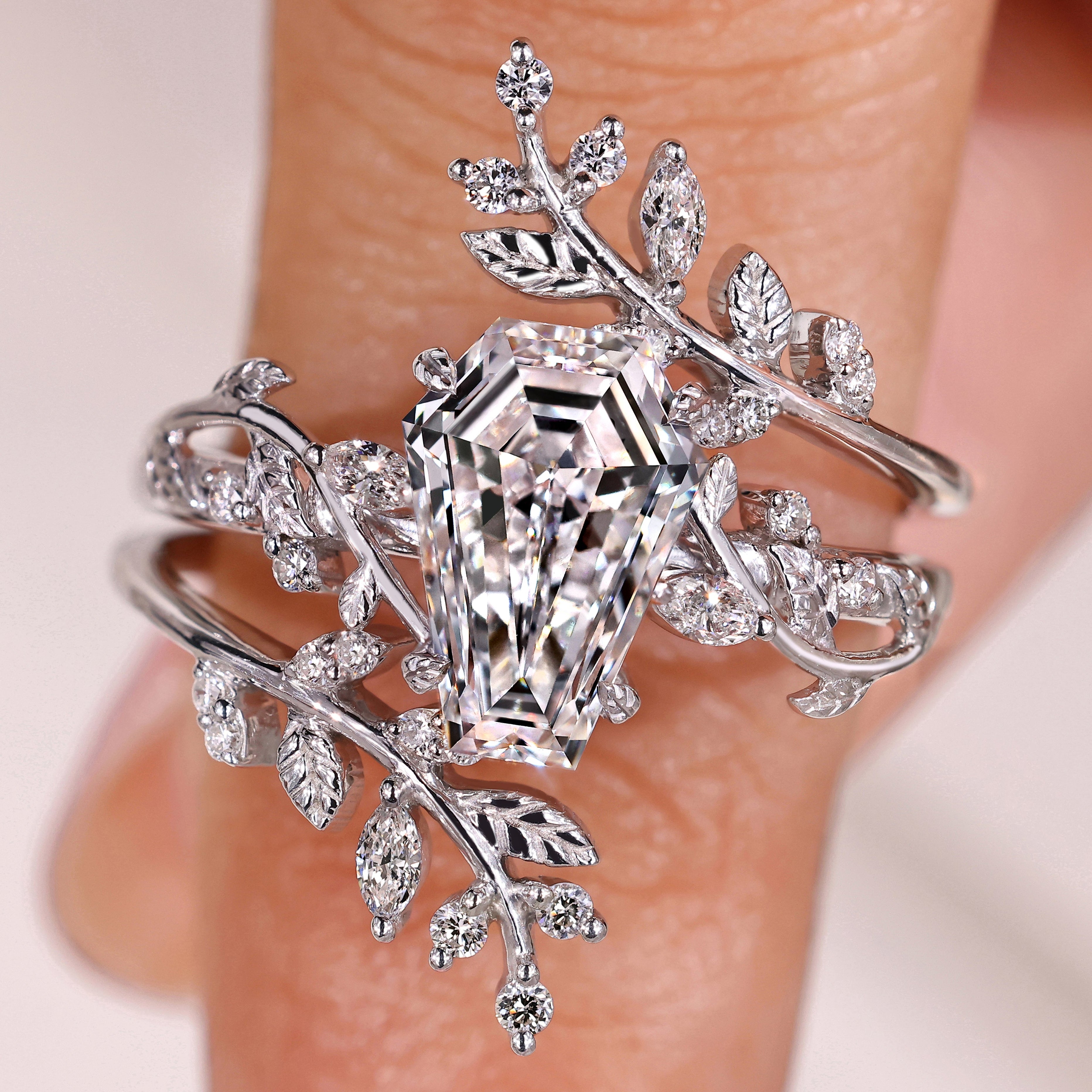 Nature Inspired Coffin Wedding Ring with Leaf Wrap Guard Band Main image