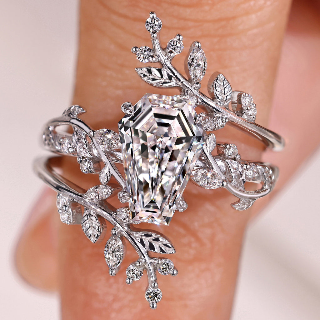 Nature Inspired Coffin Wedding Ring with Leaf Wrap Guard Band