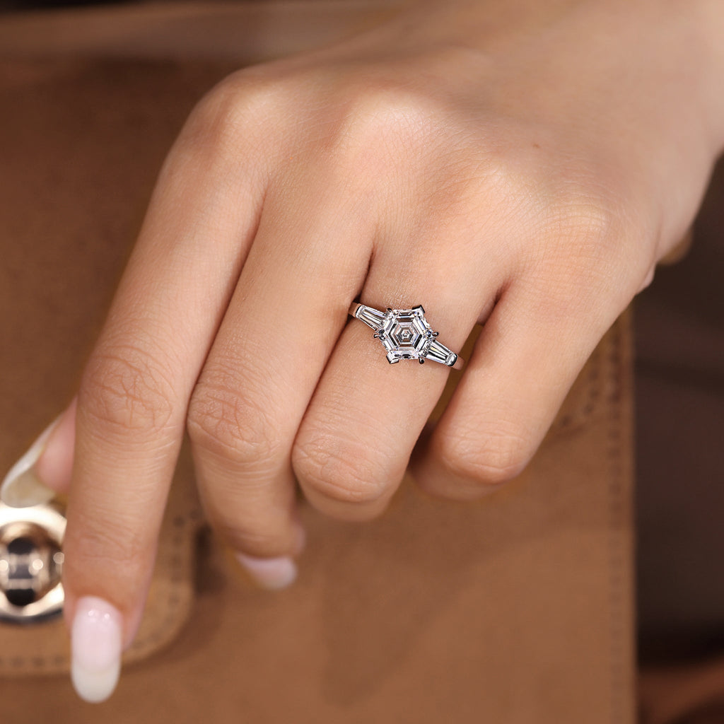 Hexagon and Tapered Baguette Cut Three Diamond Ring