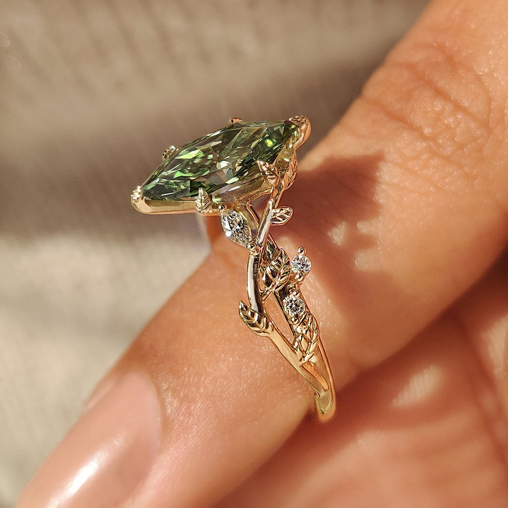 Green Dutch Marquise Engagement Ring in Leaf Details