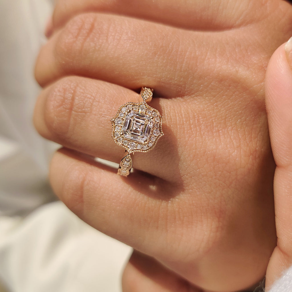 Vintage Style Asscher Cut Diamond Ring in Milgrain Details