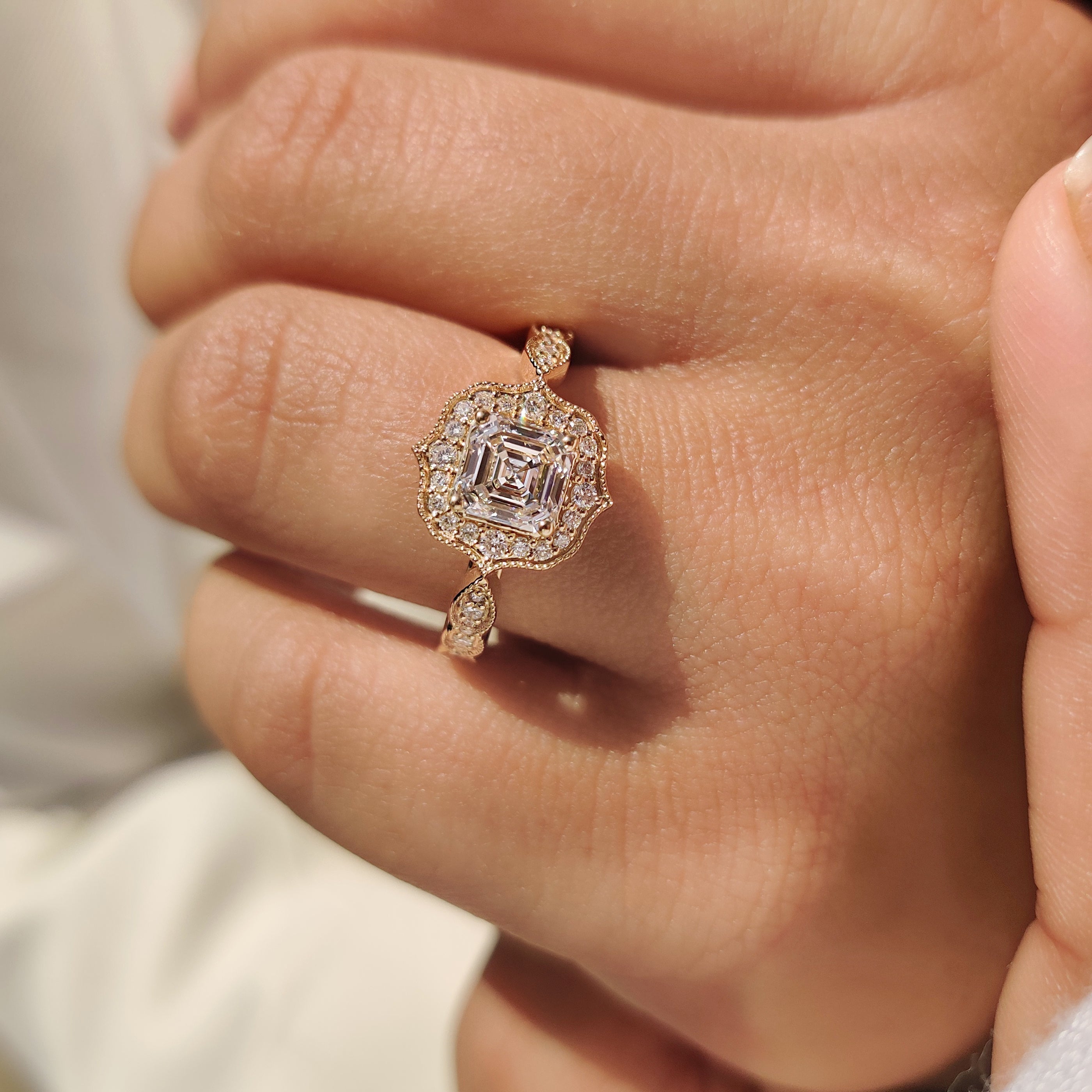 Vintage Style Asscher Cut Diamond Ring in Milgrain Details