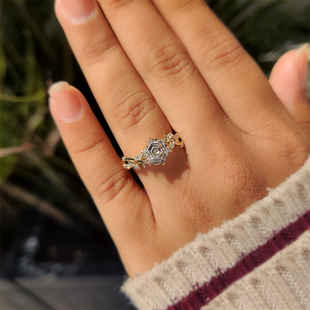 Nature Inspired Hexagon Cut Engagement Ring in Cluster Setting