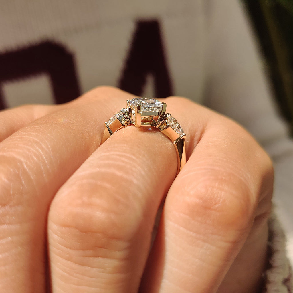 Lozenge Cut Engagement Ring with Kite Cut Side Stone