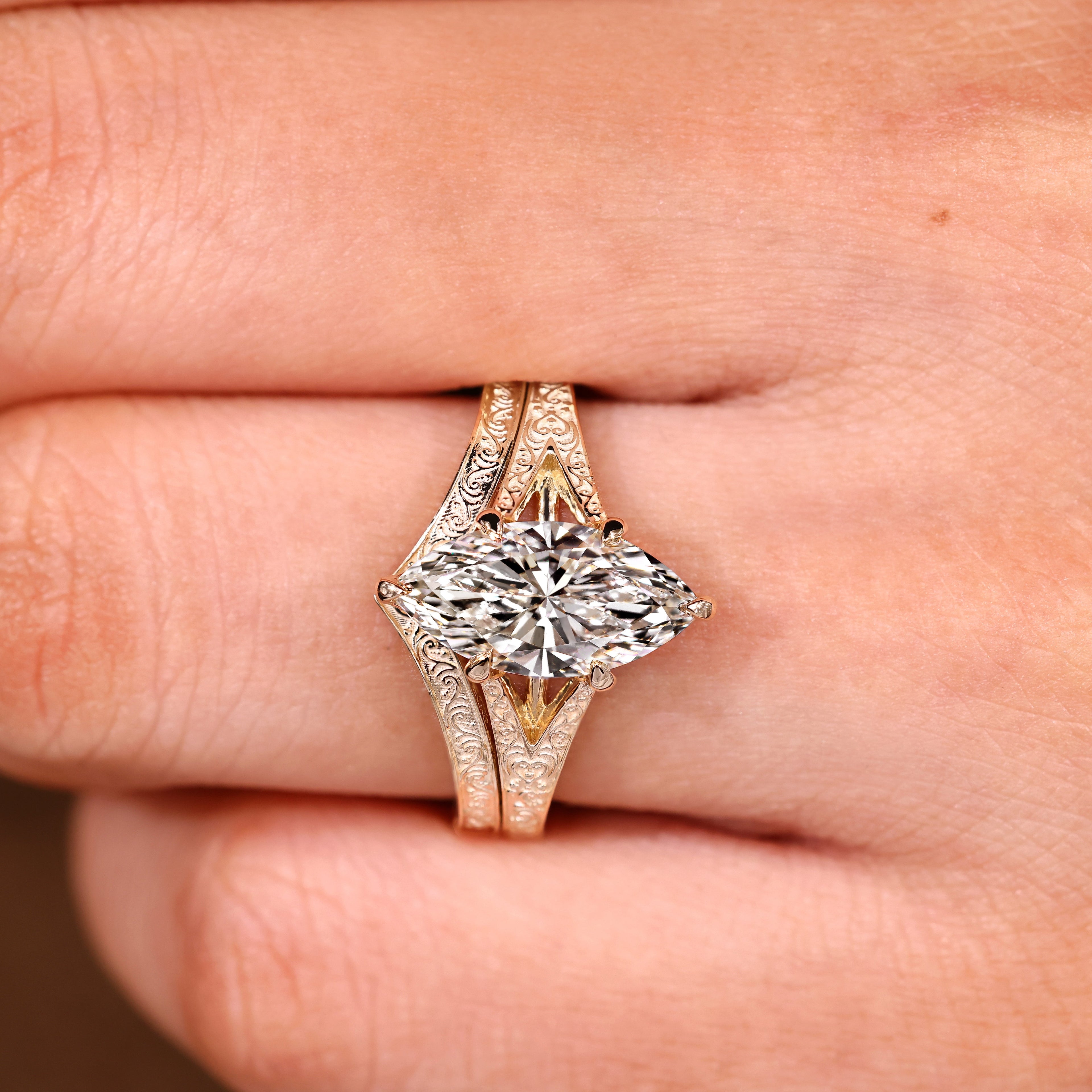 Vintage Marquise Engagement Ring Set with Curved Wedding Band
