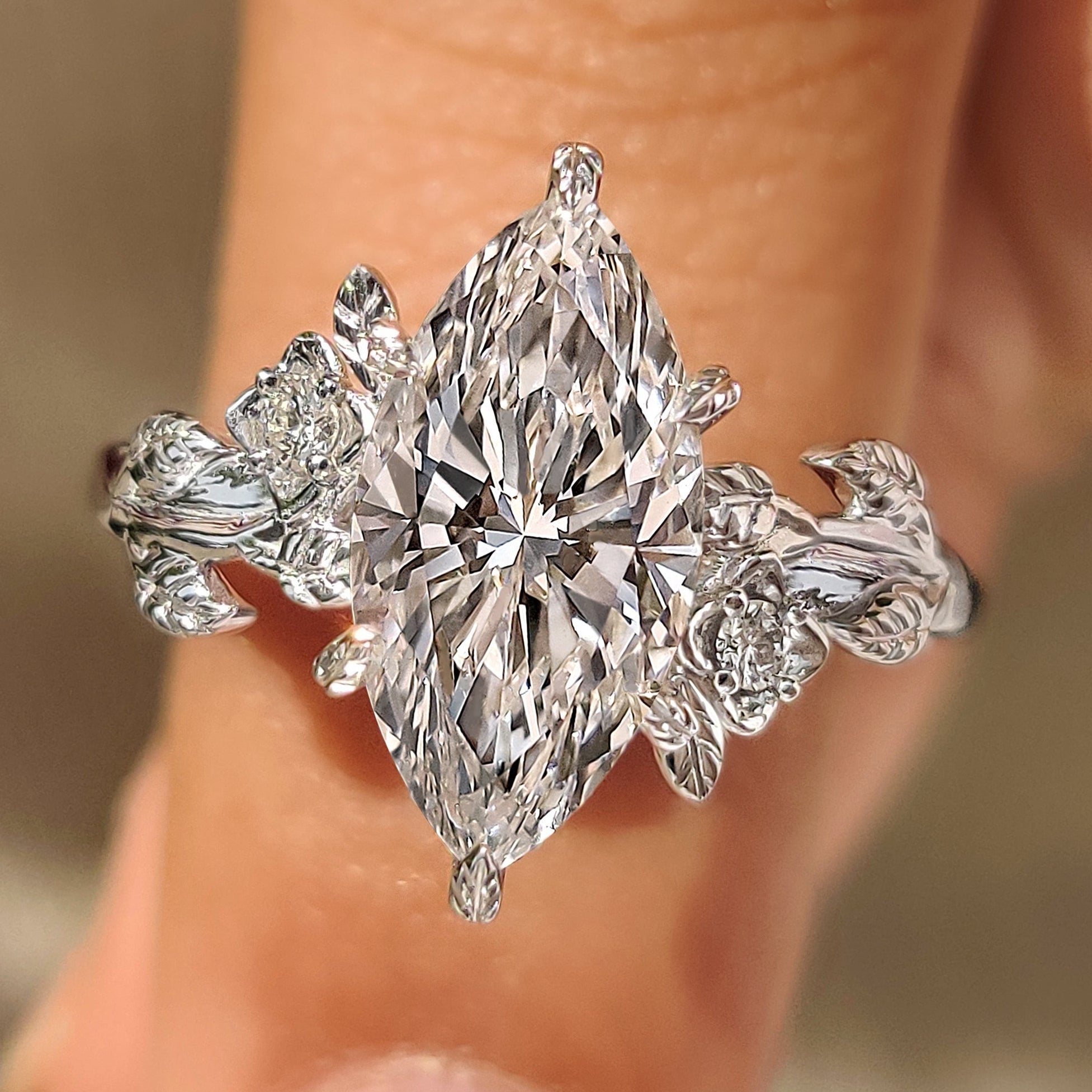 Nature Inspired Marquise Cut Engagement Ring in Floral Details
