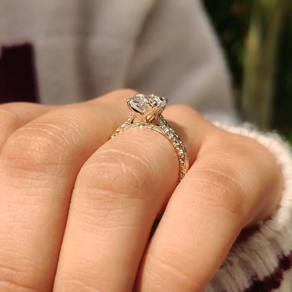 Oval Cut Nature Inspired Engagement Ring In Euro Shank