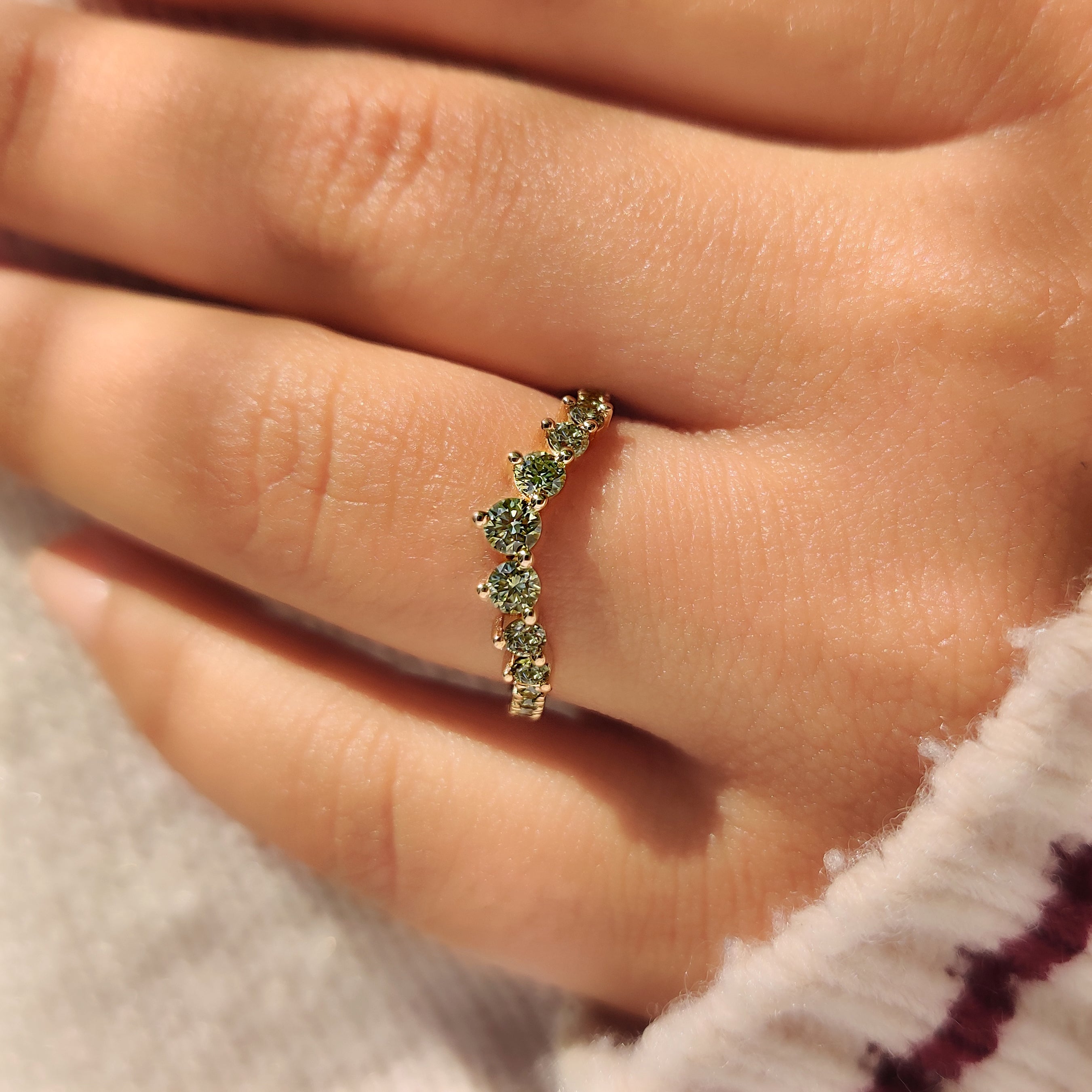 Green Round Diamond Half Eternity Wedding Band in Chevron Style