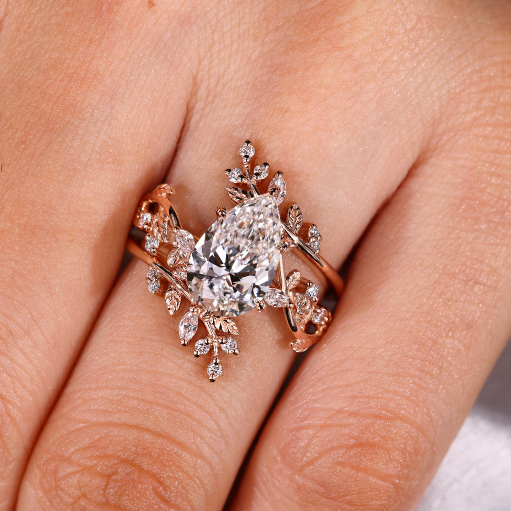 Pear Shaped Engagement Ring With Wedding Band In Nature Inspired Style