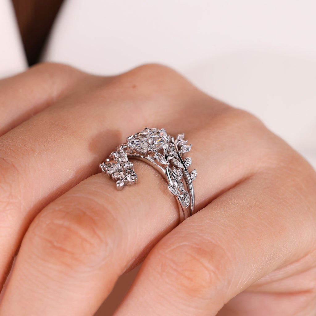 Oval Engagement Ring with Wedding Band in Nature Inspired Style