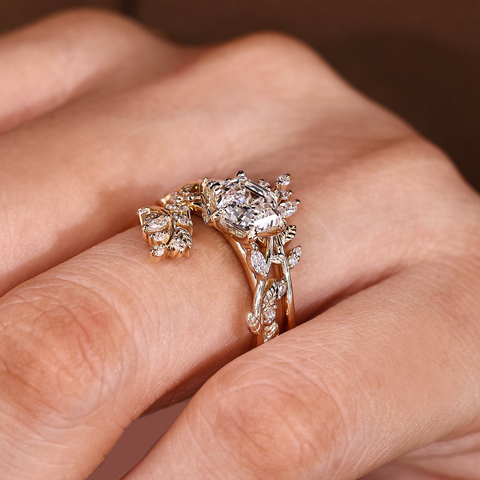 Hexagon Engagement Ring With Wedding Band In Nature Inspired Style