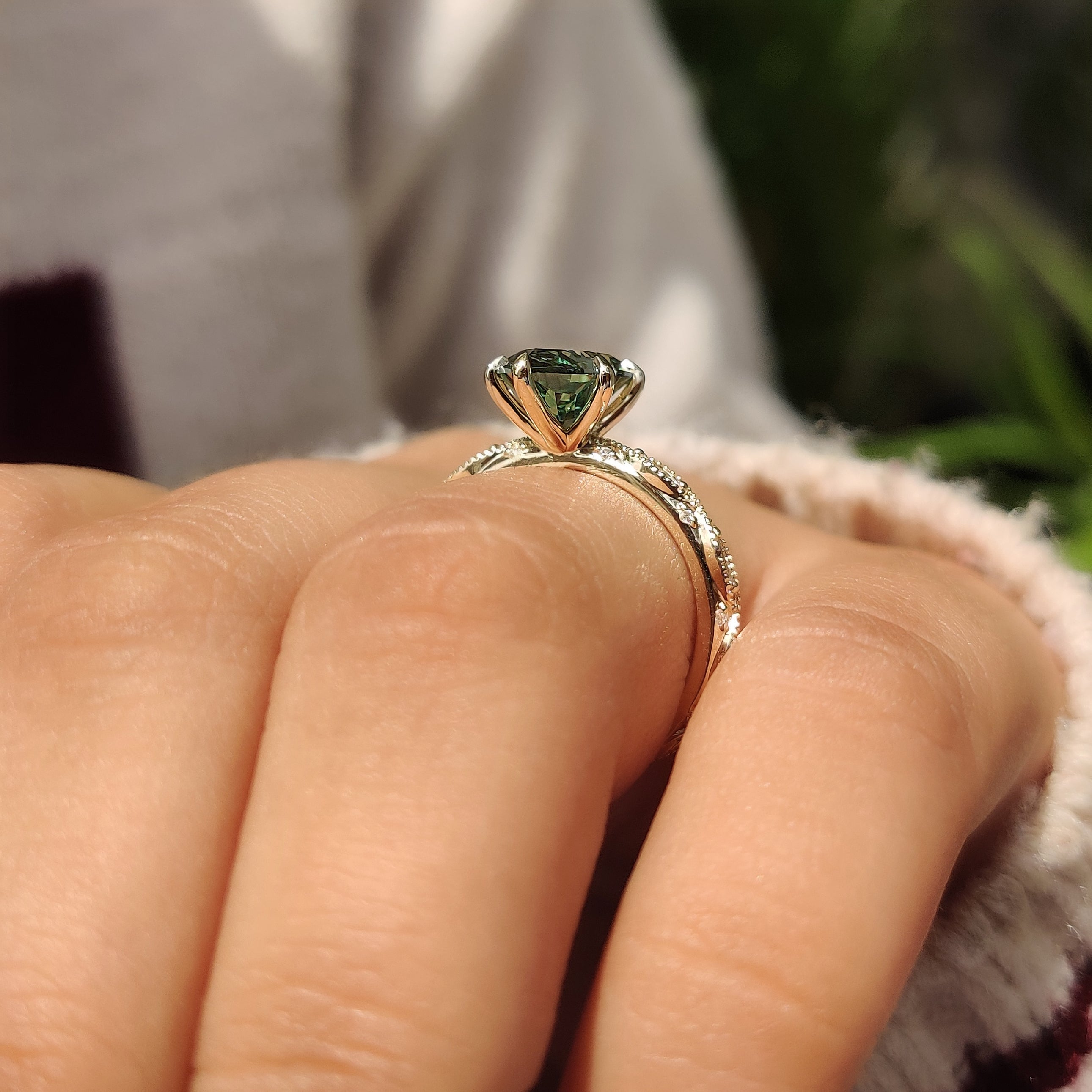 Green Dutch Marquise Engagement Ring with Milgrain Details