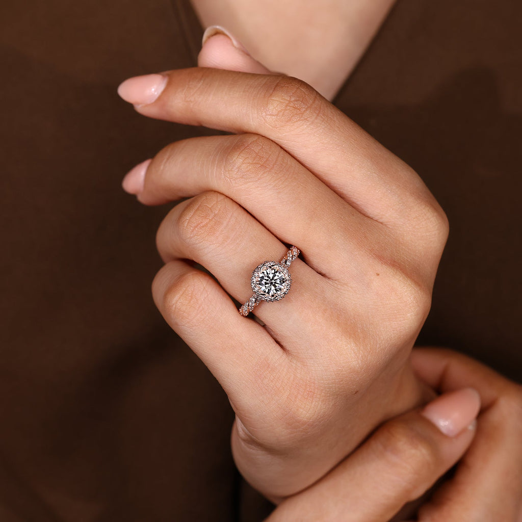 Round Cut Diamond Ring in Halo Style with Twisted Design