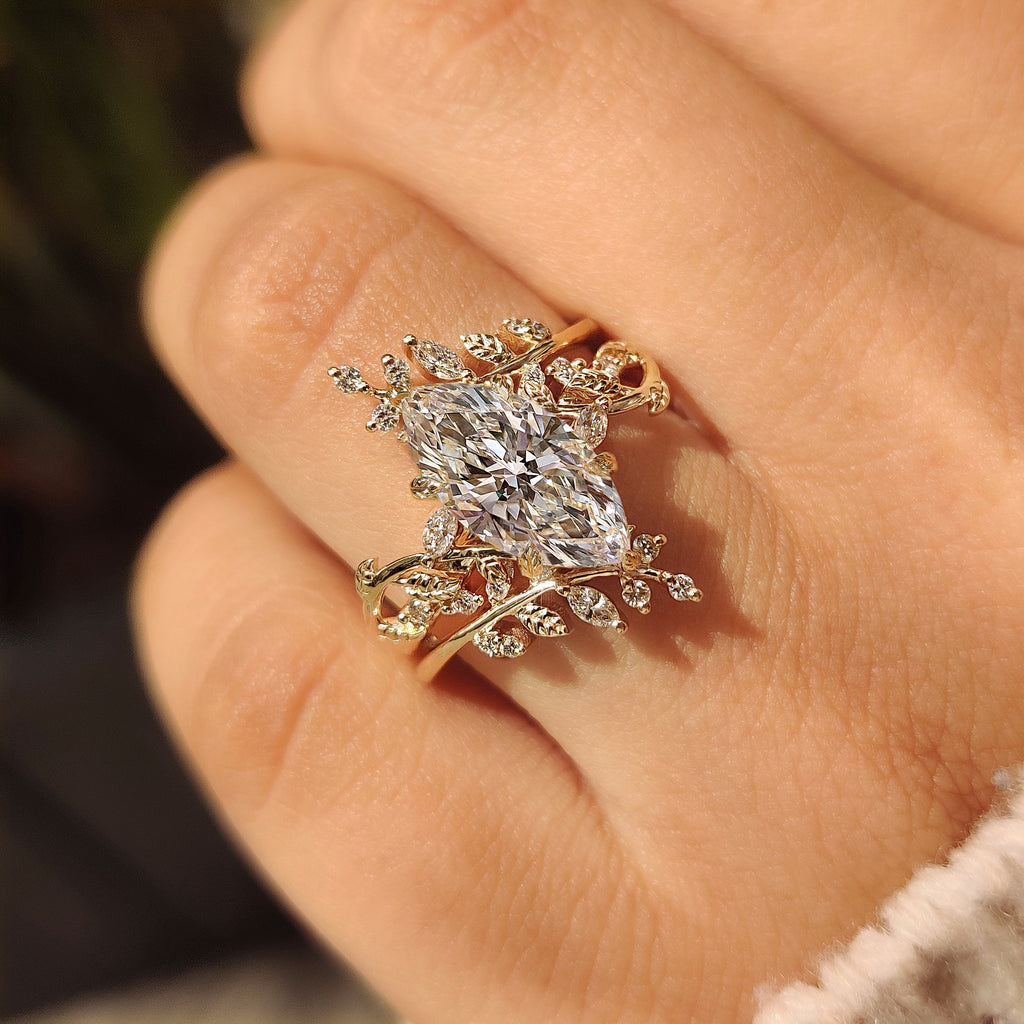 Marquise Engagement Ring With Wedding Band In Nature Inspired Style