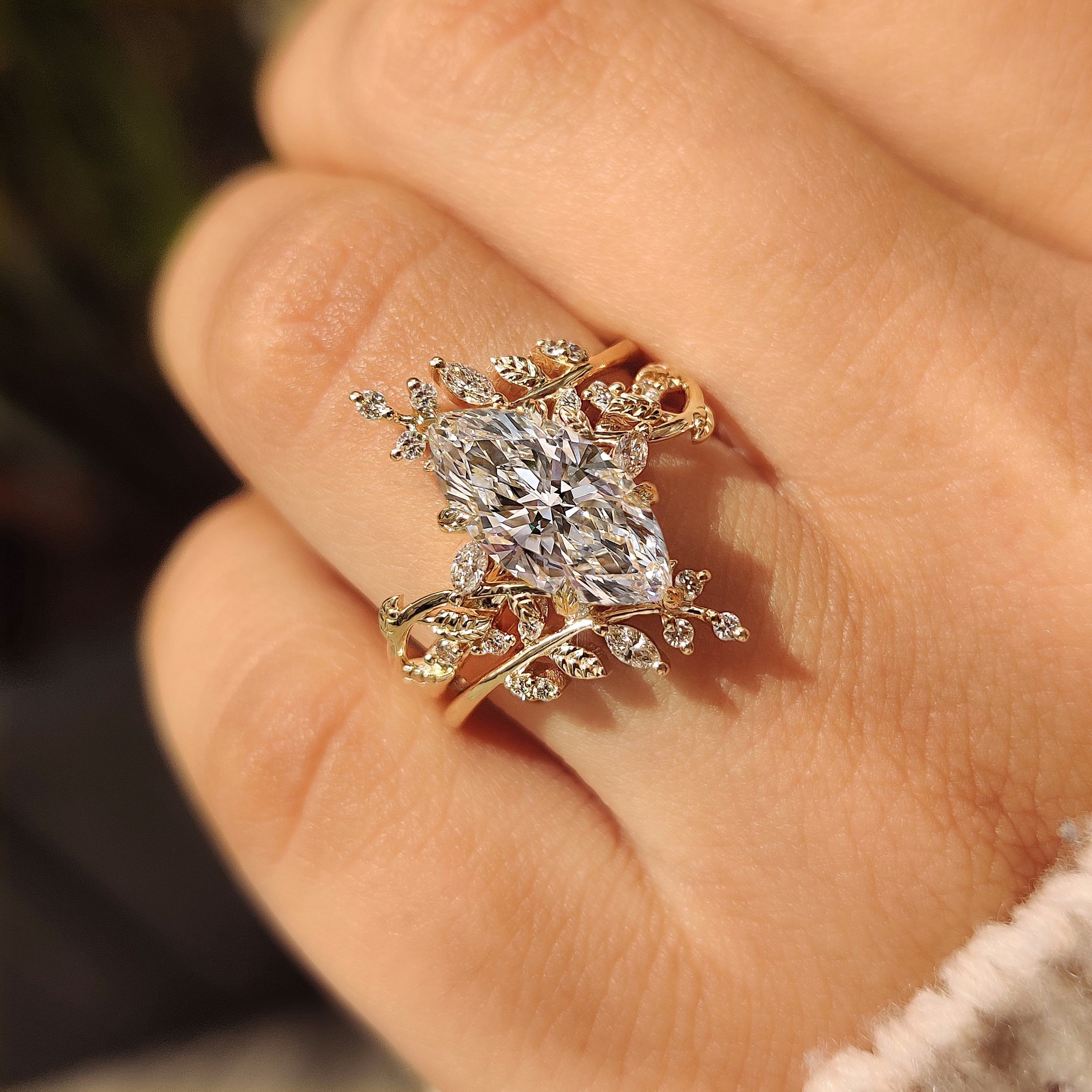 Marquise Engagement Ring With Wedding Band In Nature Inspired Style