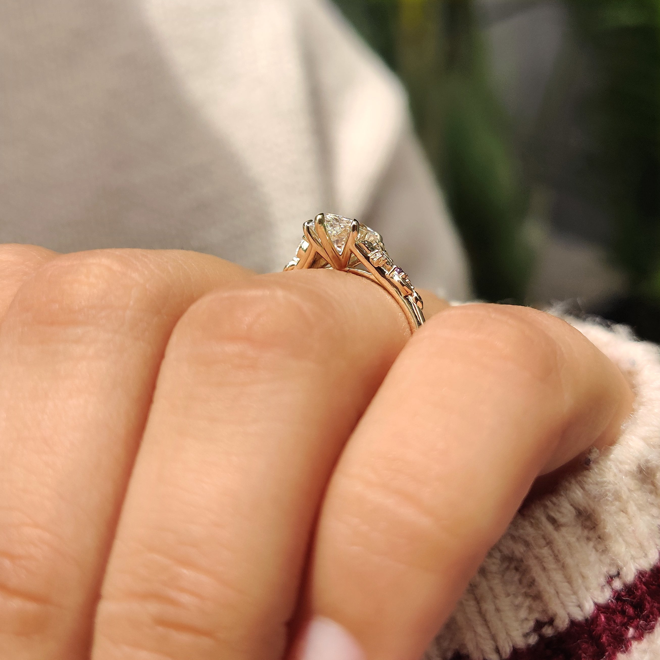 Marquise Diamond Ring in Nature Inspired Style with Amethyst Gemstone