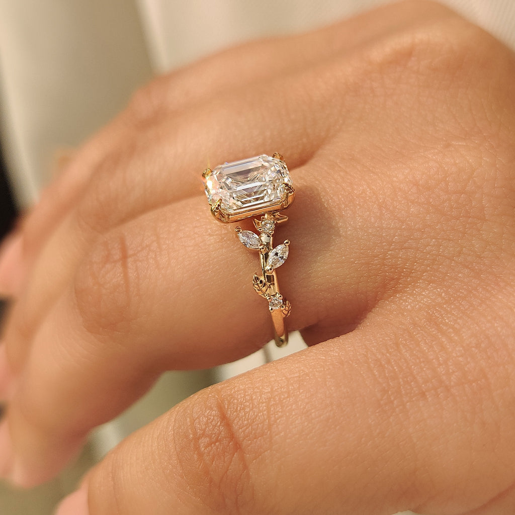 Old Mine Emerald Cut Nature Inspired Ring in Leaf Style Prong