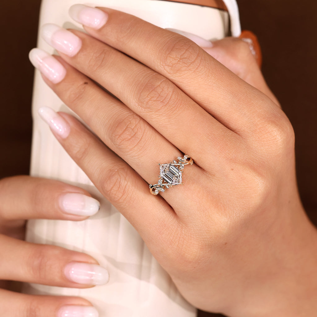 Nature Inspired Ring with Elongated Hexagon Step Cut Diamond