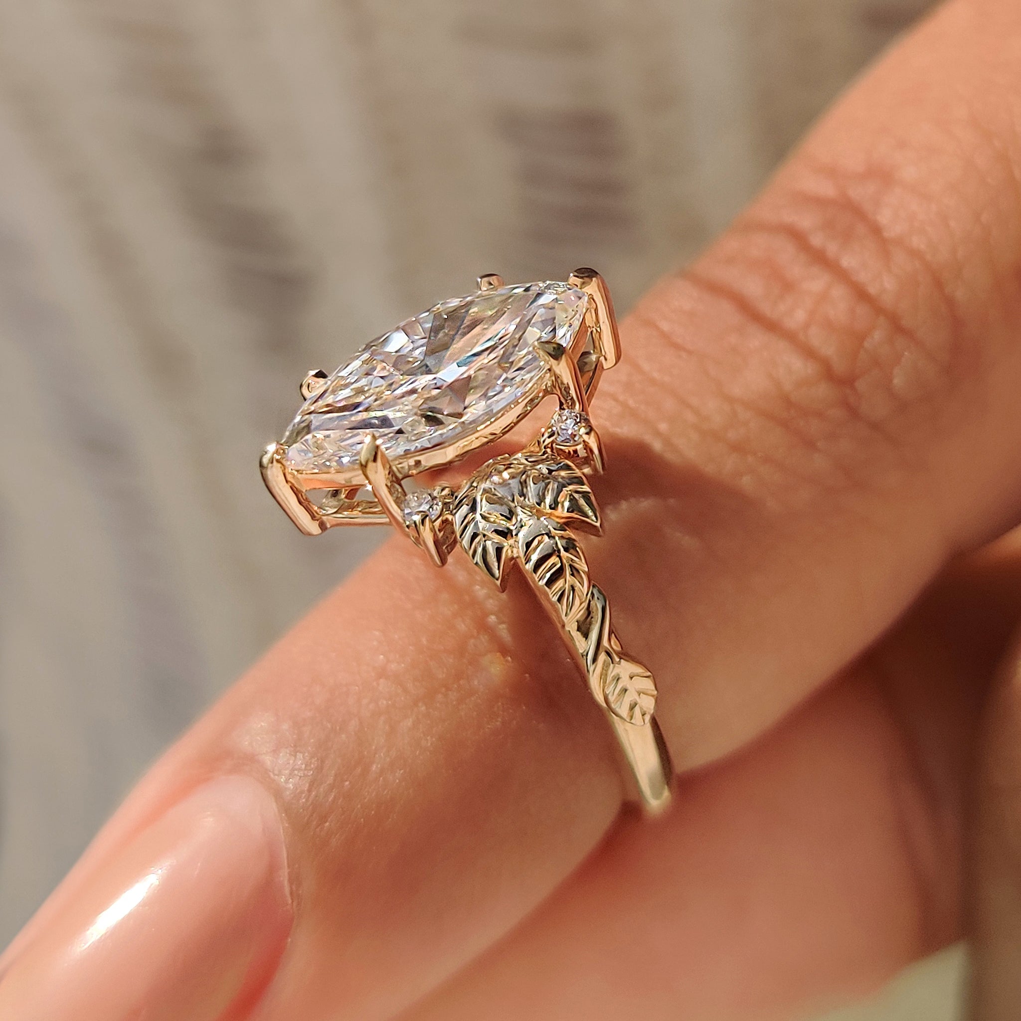 Marquise Diamond Nature Inspired Engagement Ring with Leaf Details