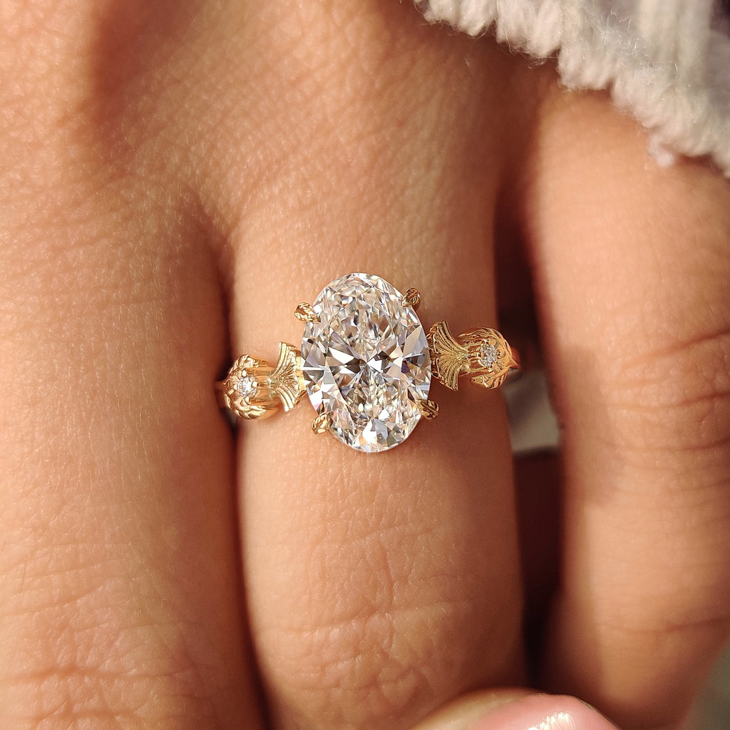 Nature Inspired Oval Diamond Ring in Leaf Style Prong