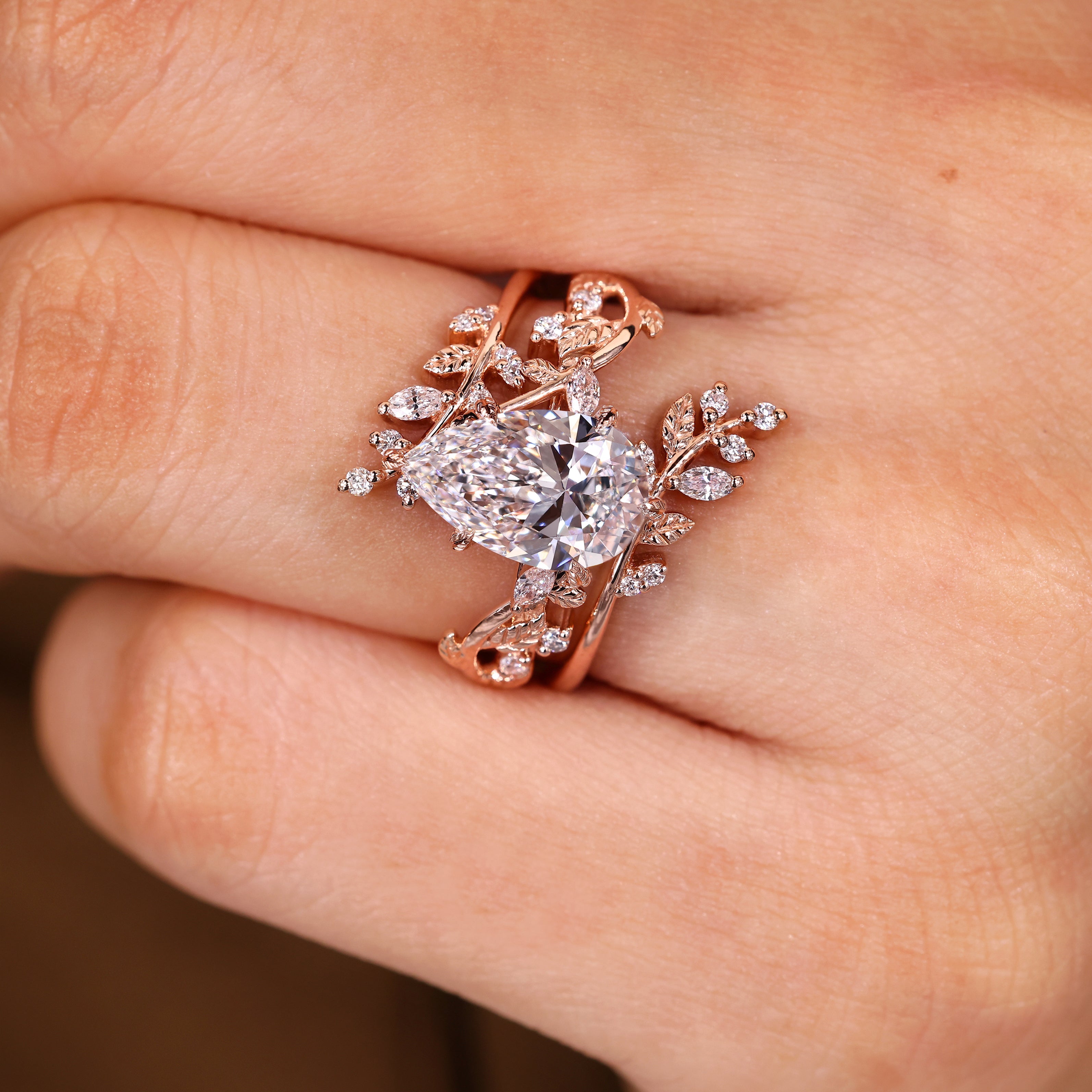 Pear Shaped Engagement Ring With Wedding Band In Nature Inspired Style