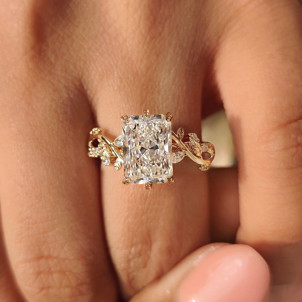 Radiant Cut Nature Inspired Engagement Ring with Leaf Style Prong