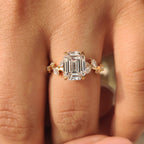 Old Mine Emerald Cut Nature Inspired Ring in Leaf Style Prong