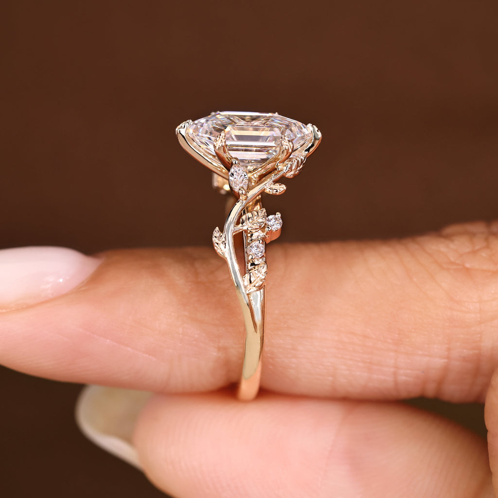 Nature Inspired Ring with Elongated Hexagon Step Cut Diamond