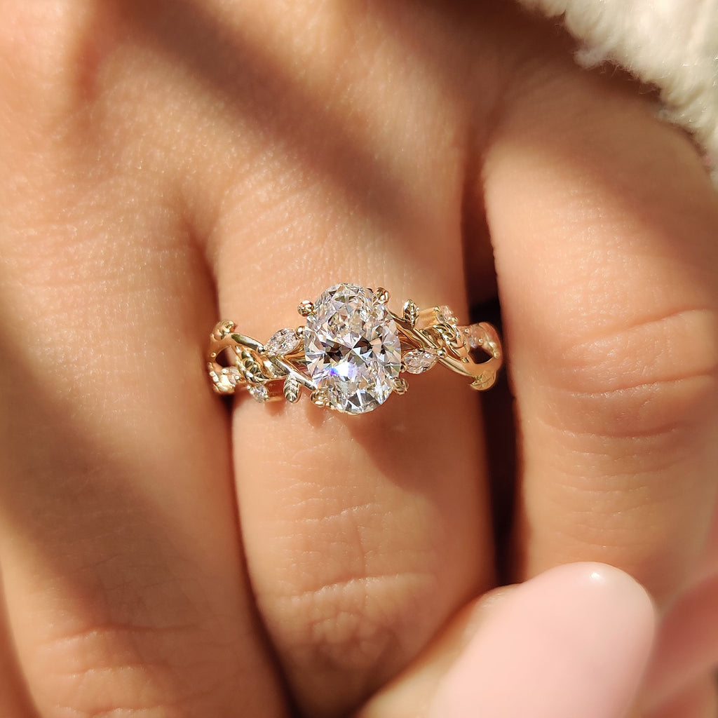 Nature Inspired Oval Diamond Ring with Leaf Style Prong Setting
